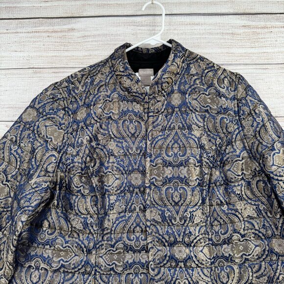 Chico's Quilt Lined Tapestry Jacket Womens Size 3/16/XL Blue/Metallic Open Front - Picture 3 of 14